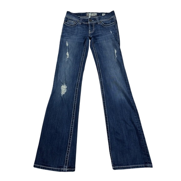 BKE Stella Flare Jeans Blue Distressed Low Rise Contrast Stitch Womens 26 Long - Picture 2 of 11